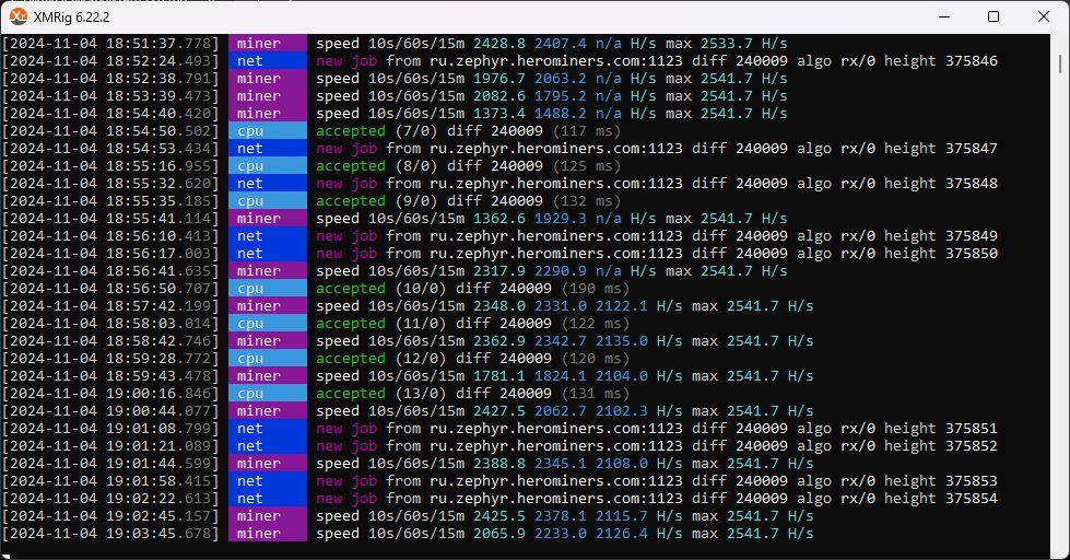 XMRig 6.22.2 в работе